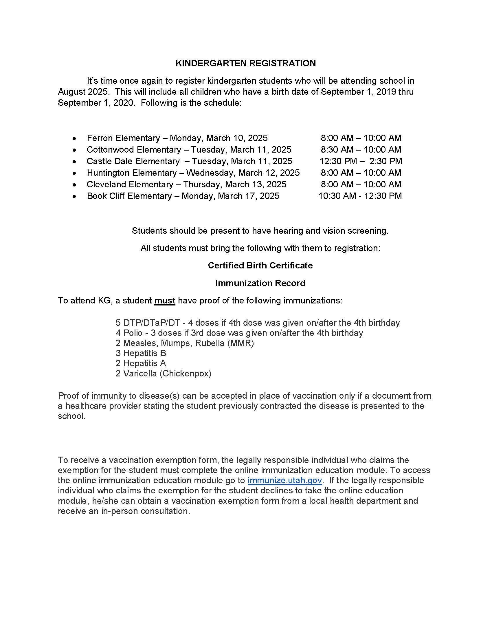 Registration for Kindergarten students who will be attending school in August 2025