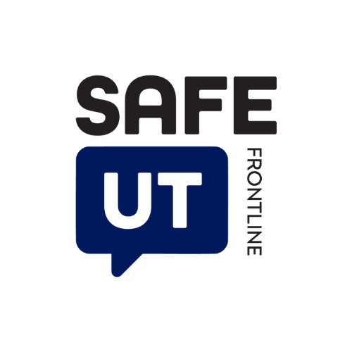 The logo for safe frontline utah is a blue square with a speech bubble.