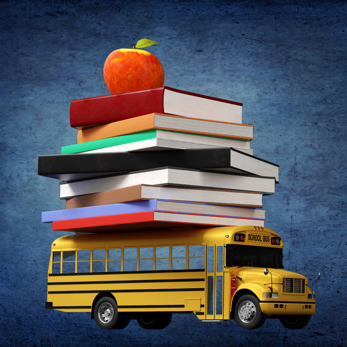 A school bus with a stack of books on top of it