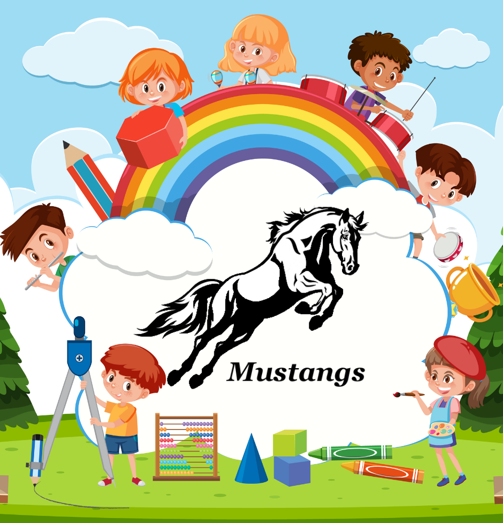 A group of children are playing in a park with a horse and a rainbow in the background.
