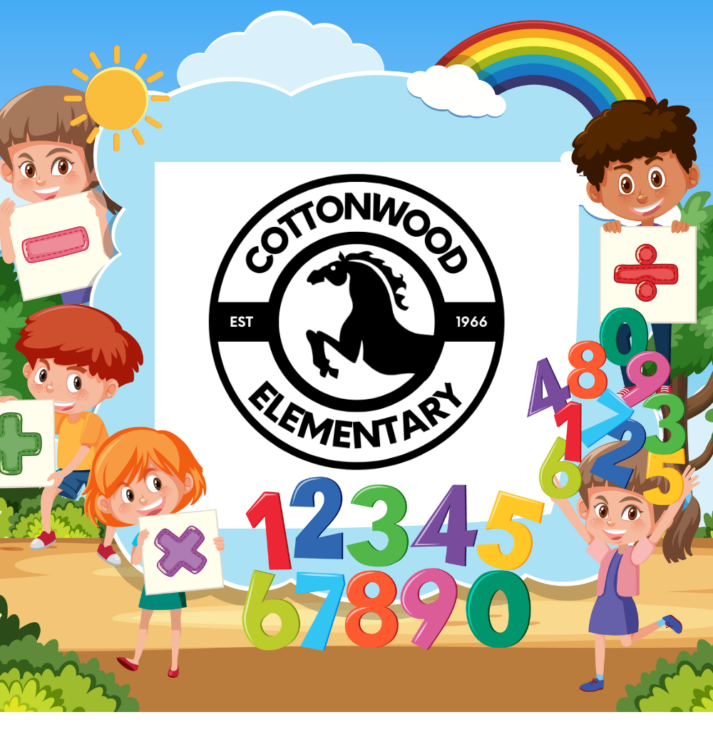 A group of children are standing around a sign that says cottonwood elementary.