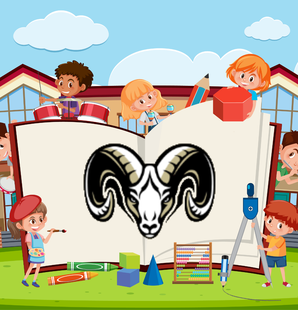 ferron elementary school logo of a ram with cartoon children around it.