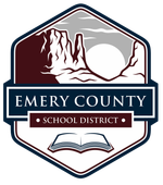 The logo for emery county school district shows a mountain and a book.