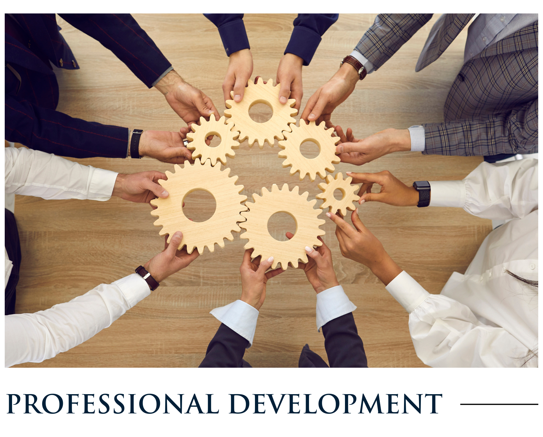 A group of people are holding wooden gears in their hands.