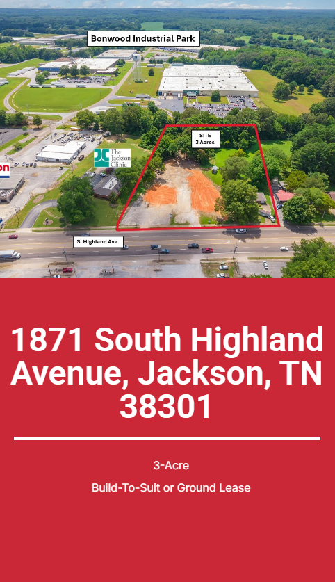 Aerial view of 3-acre property at 1871 South Highland Avenue in Jackson, TN, marked by a red outline; option for Build-to-Suit or ground lease.