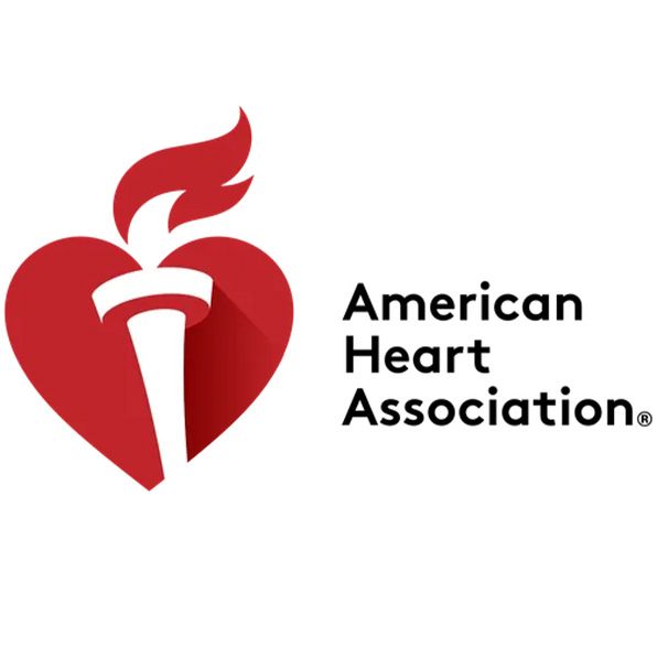 American Heart Association logo: Red heart with a flame and white torch. Text reads 
