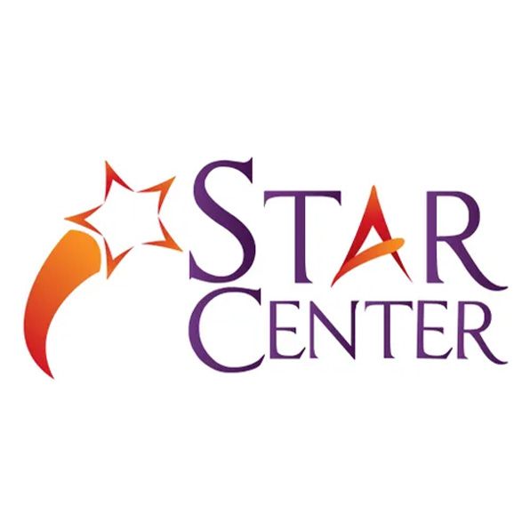 Star Center logo: Orange shooting star, purple 