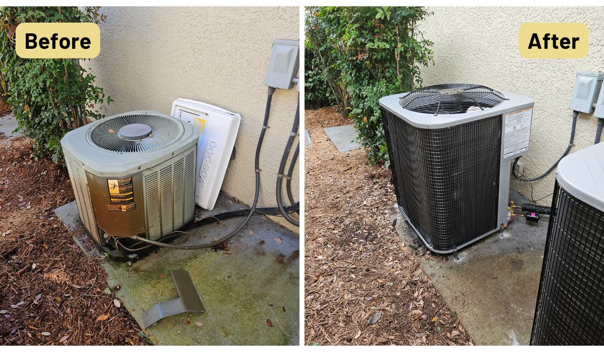 Man in hard hat and vest inspecting air conditioning unit, smiling. Outdoors. Man in hard hat and vest inspecting air conditioning unit, smiling. Outdoors.