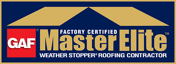 A logo for a factory certified master elite weather stopper roofing contractor