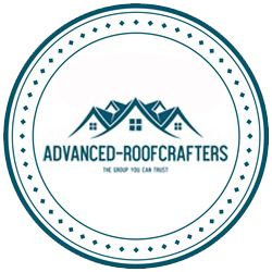 The logo for advanced roof crafters is a blue circle with three houses on it.