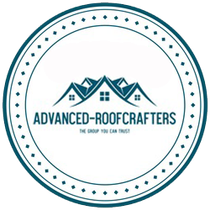 The logo for advanced roof crafters is a blue circle with three houses on it.