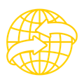 A yellow globe with two arrows pointing in opposite directions.