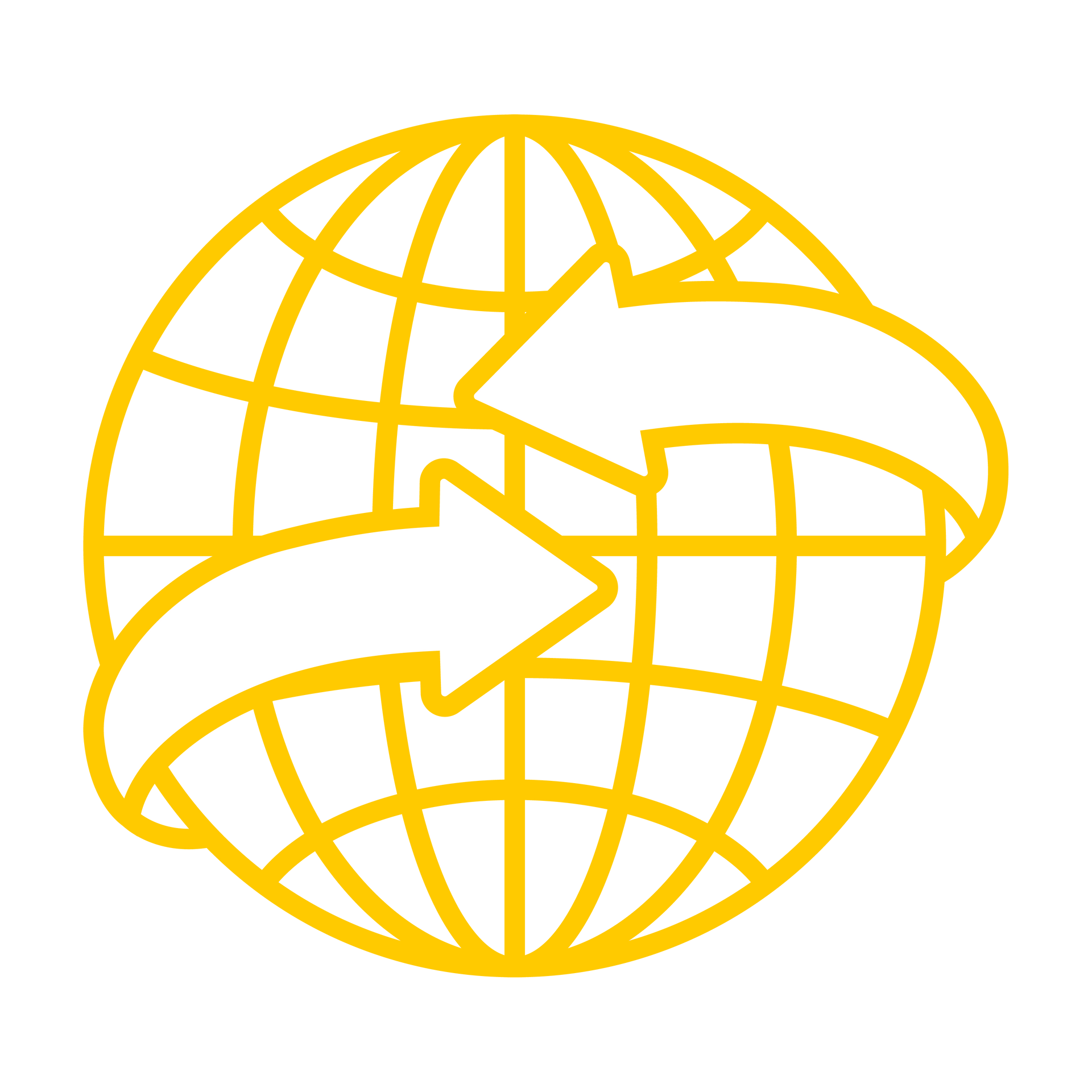 A yellow globe with two arrows pointing in opposite directions.