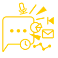 A yellow icon of a speech bubble surrounded by various icons.