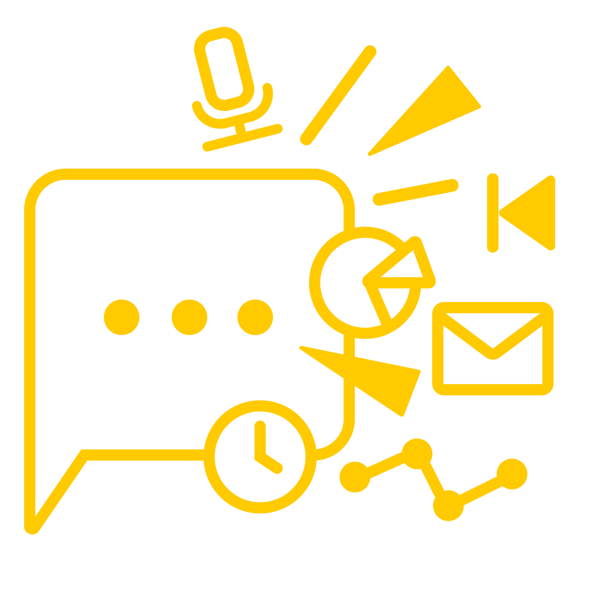 A yellow icon of a speech bubble surrounded by various icons.