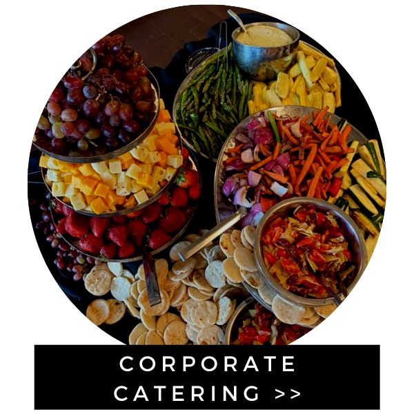 Circular collage of assorted fruit and snacks with “CORPORATE CATER…” text at the bottom