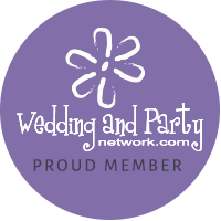 Purple “Wedding and Party network.com” logo with white flower and “Proud Member” text