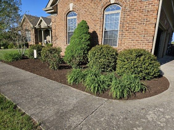 A brick house with a lot of bushes and shrubs in front of it.
