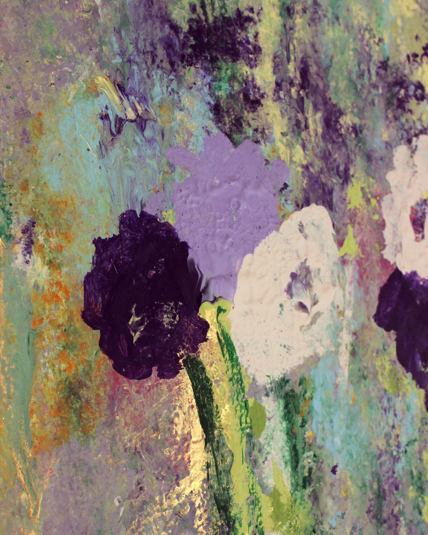 A painting of purple and white flowers on a green background