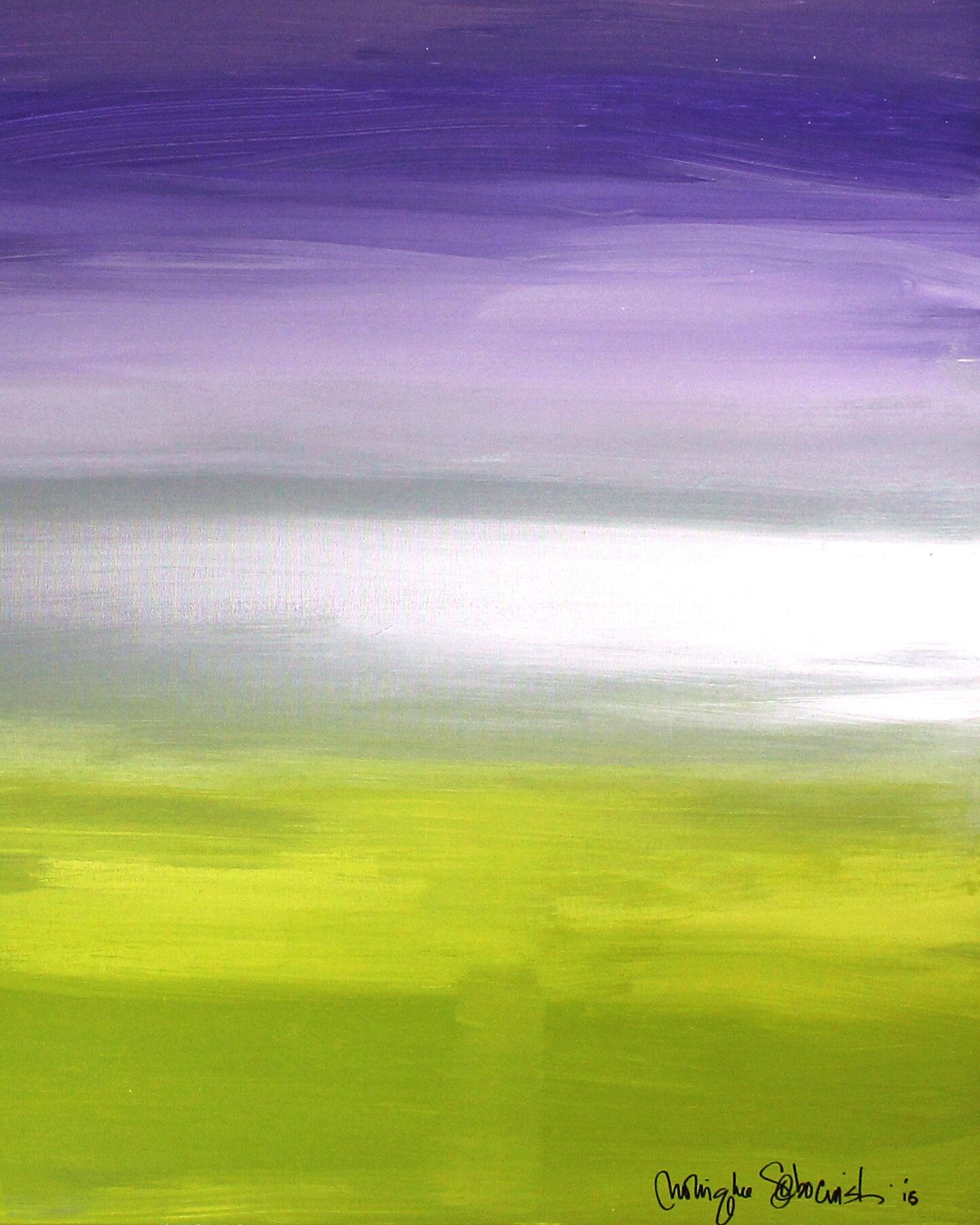 A painting of a purple and green landscape with a signature