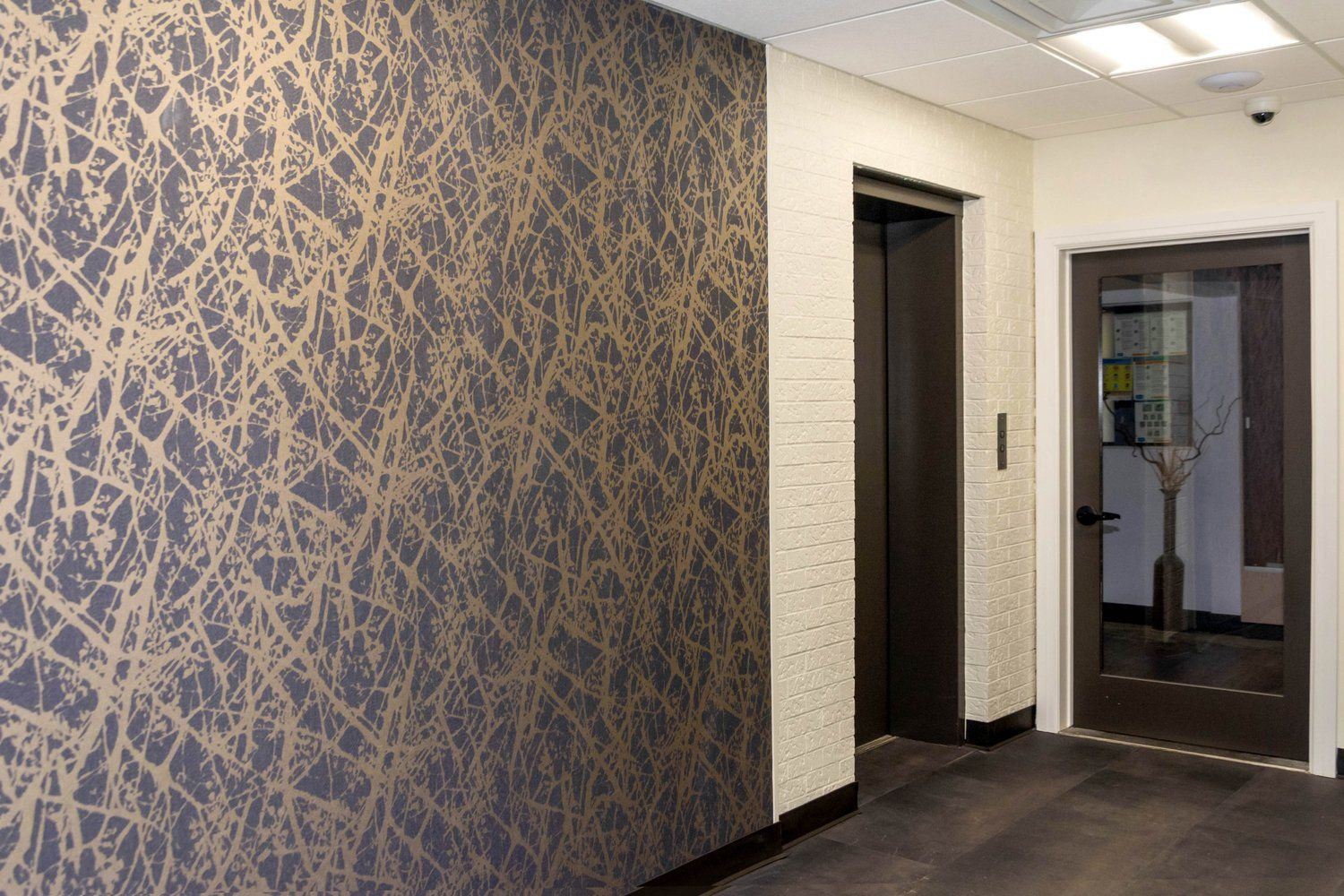 A hallway with two elevators and a door.
