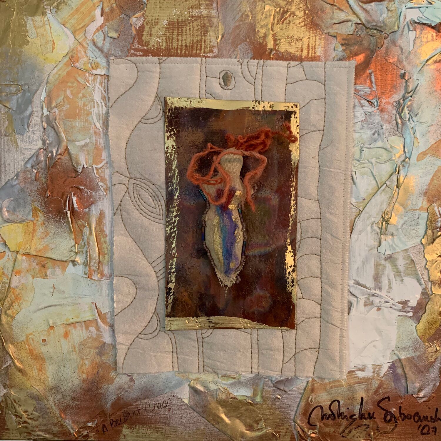 A painting of a woman in a frame with a signature on the bottom right