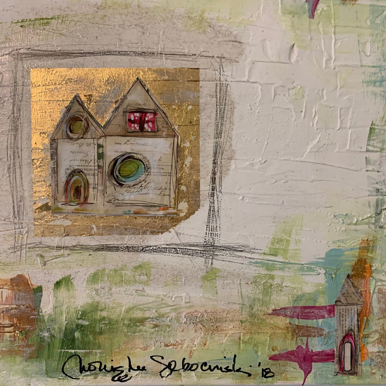 A painting of a house with the name christine written on it