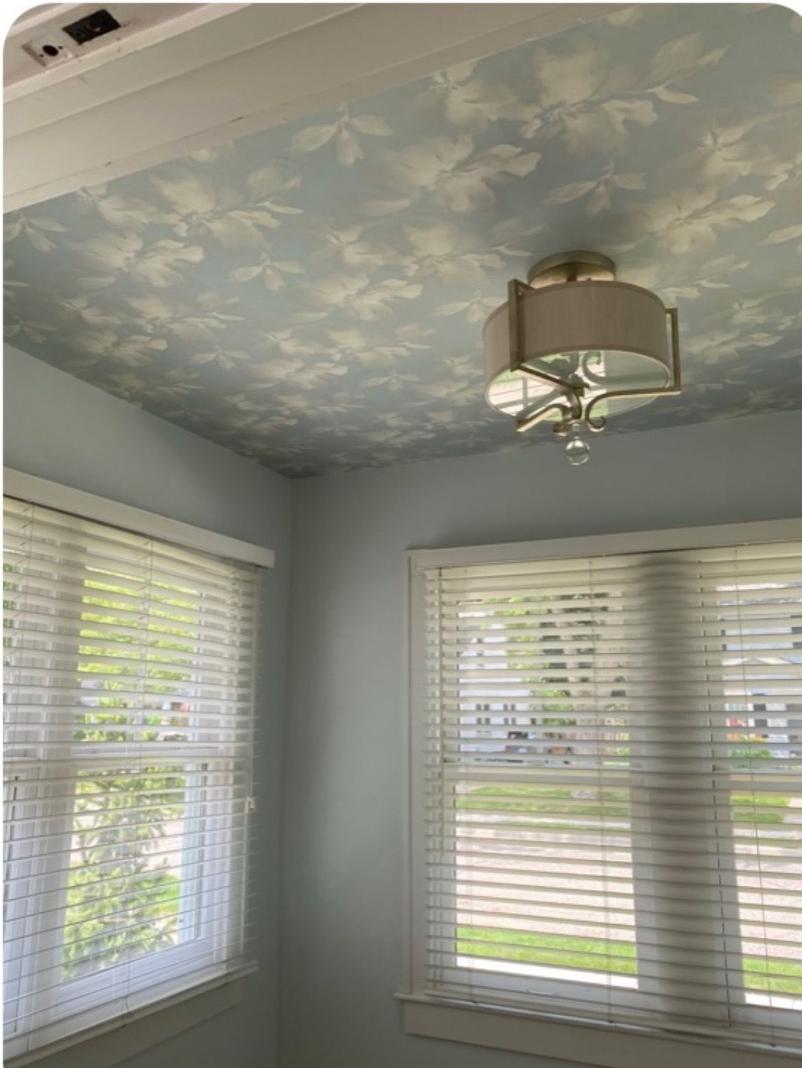 A corner of a room with light blue walls, two windows with white blinds, and a ceiling featuring floral wallpaper.