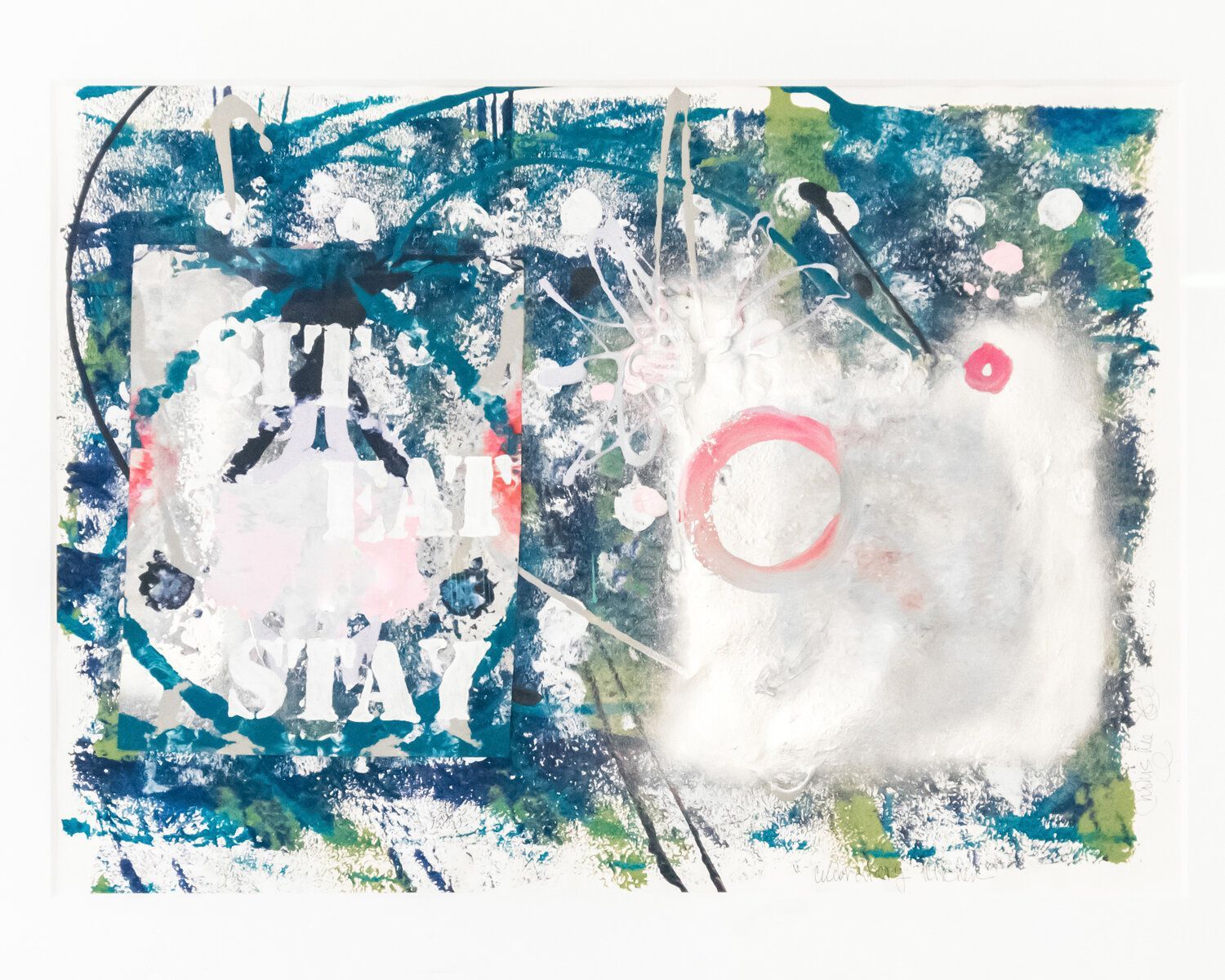 A colorful painting with a white circle in the middle on a white background.