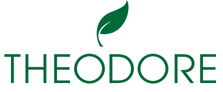 a logo for theodore with a green leaf on a white background .