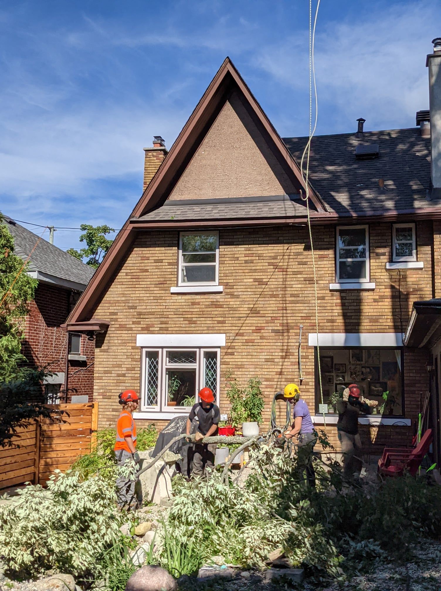 Arborist crew trimming a tree near a brick house, wearing helmets, working in daylight.