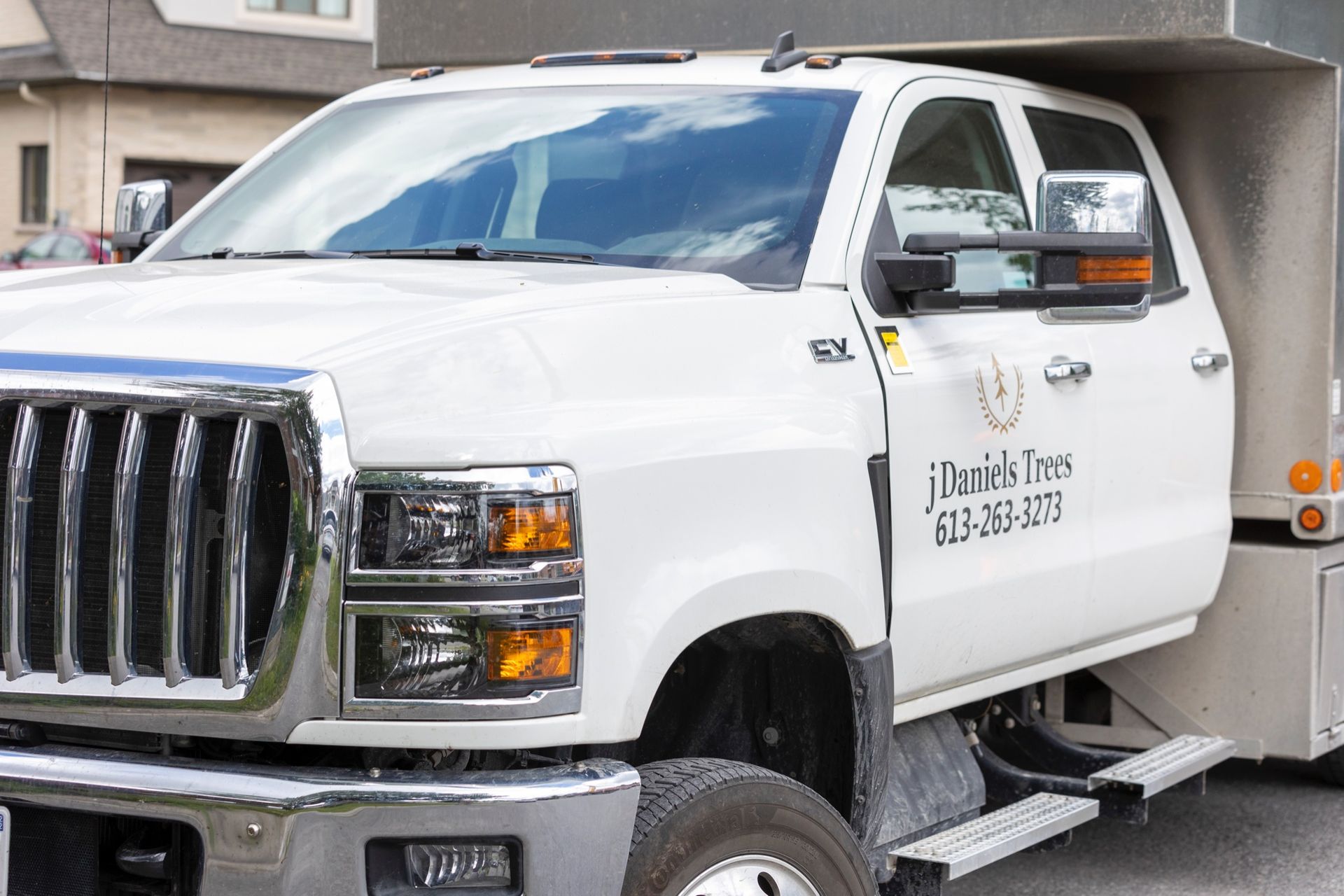 White tree service truck parked on a street with business name and phone number visible.