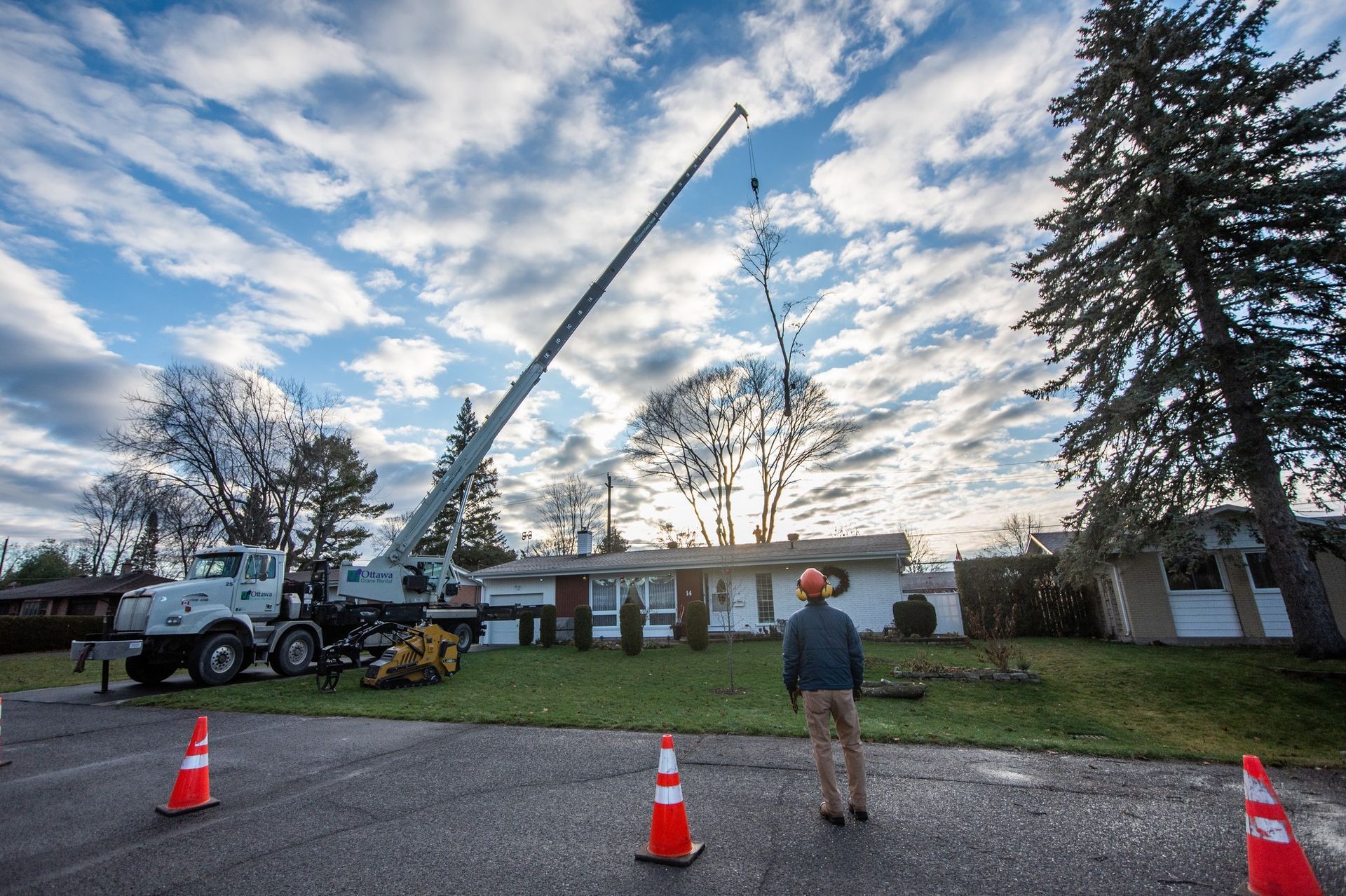 A crane trimming a tree near a house. A worker watches as the crane arm extends upward, against a cloudy sky.