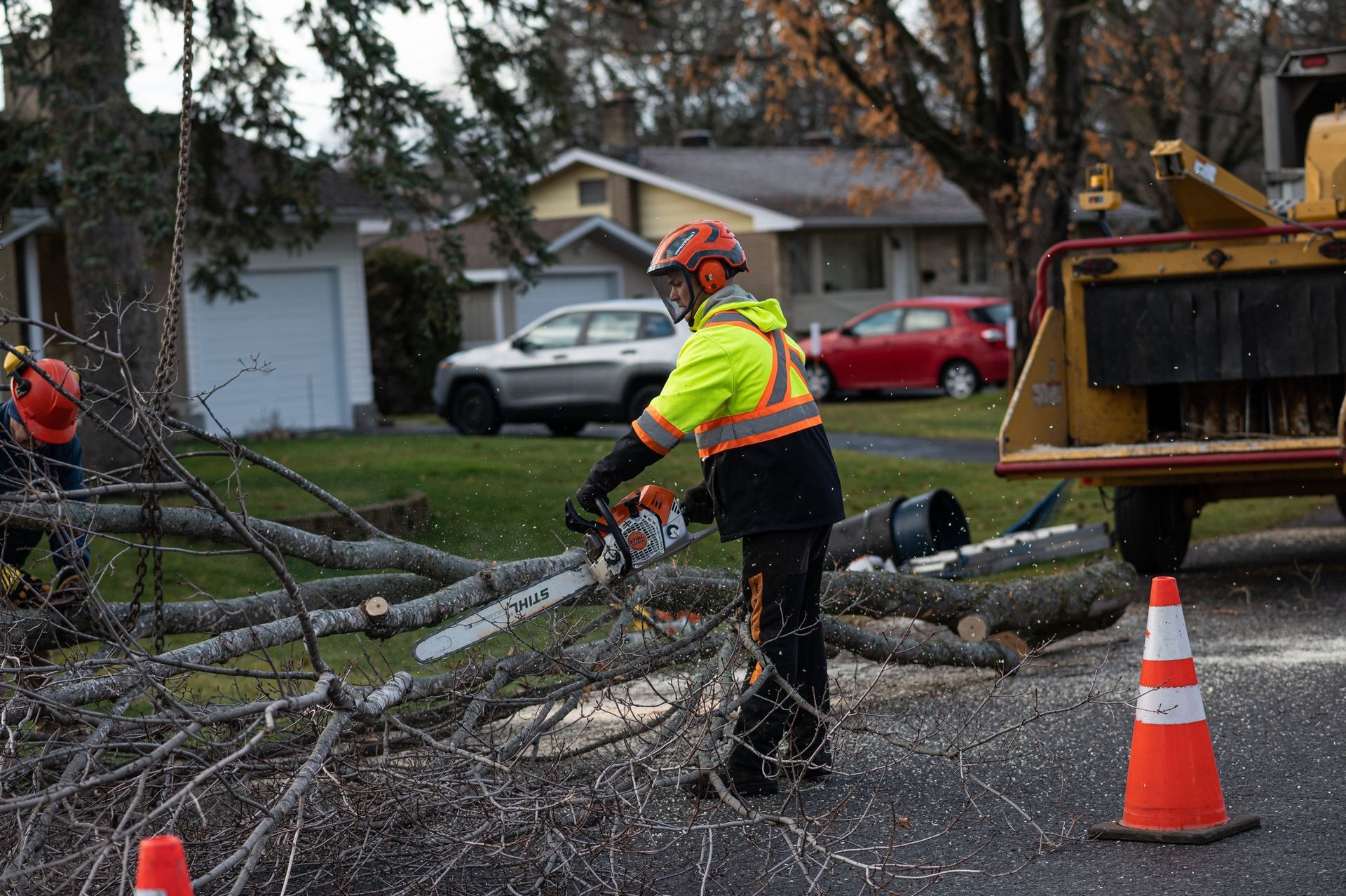 Arborist cuts fallen tree branches on a residential street, wearing safety gear, with a wood chipper nearby.
