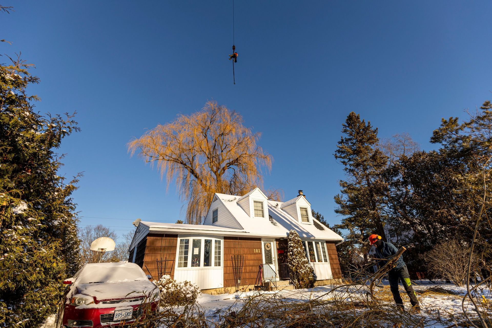 Snowy scene with house, a crane, and person trimming branches of a large tree on a sunny day.