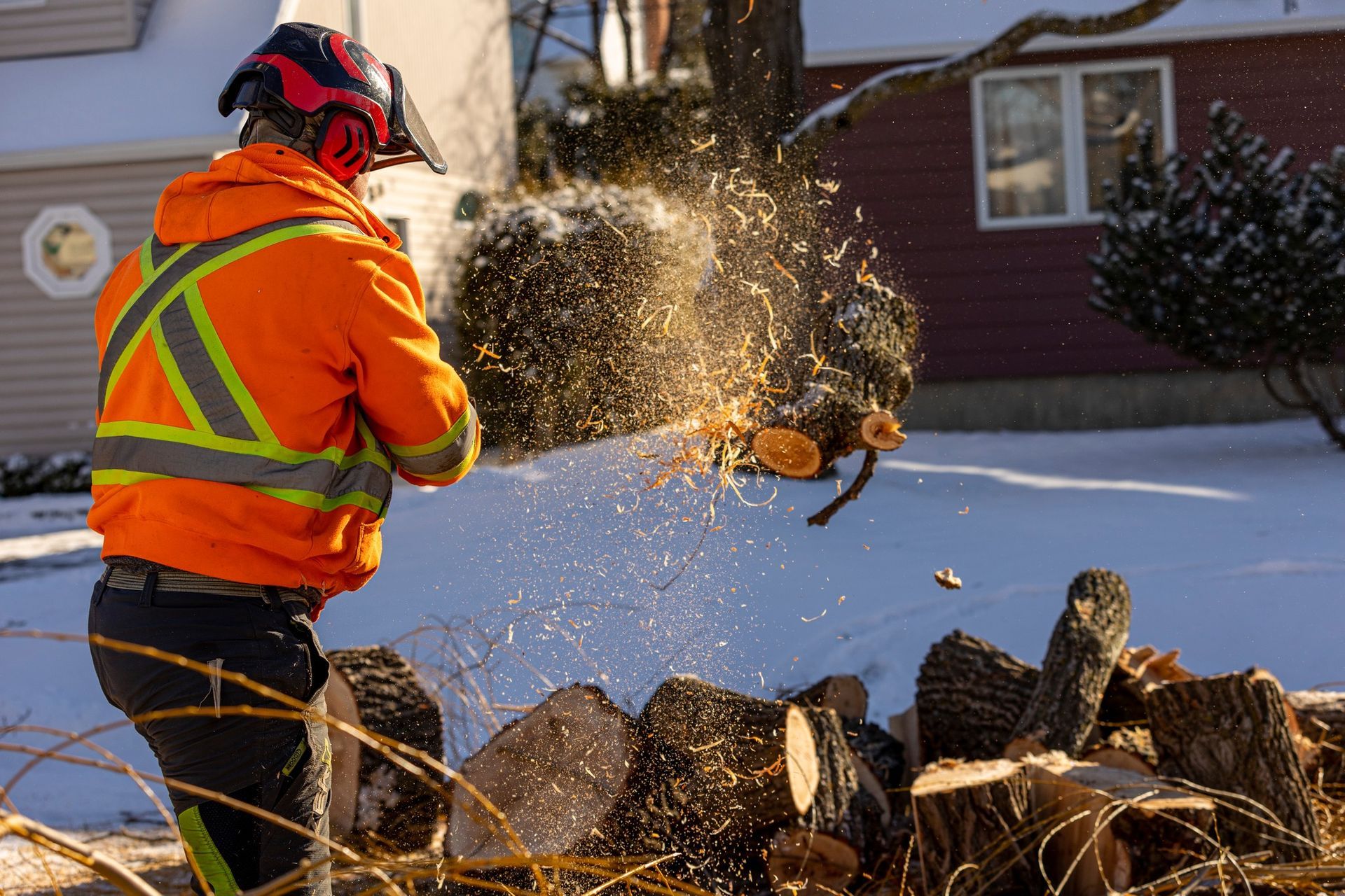Arborist in orange safety gear using a chainsaw to cut a tree in a snowy environment.