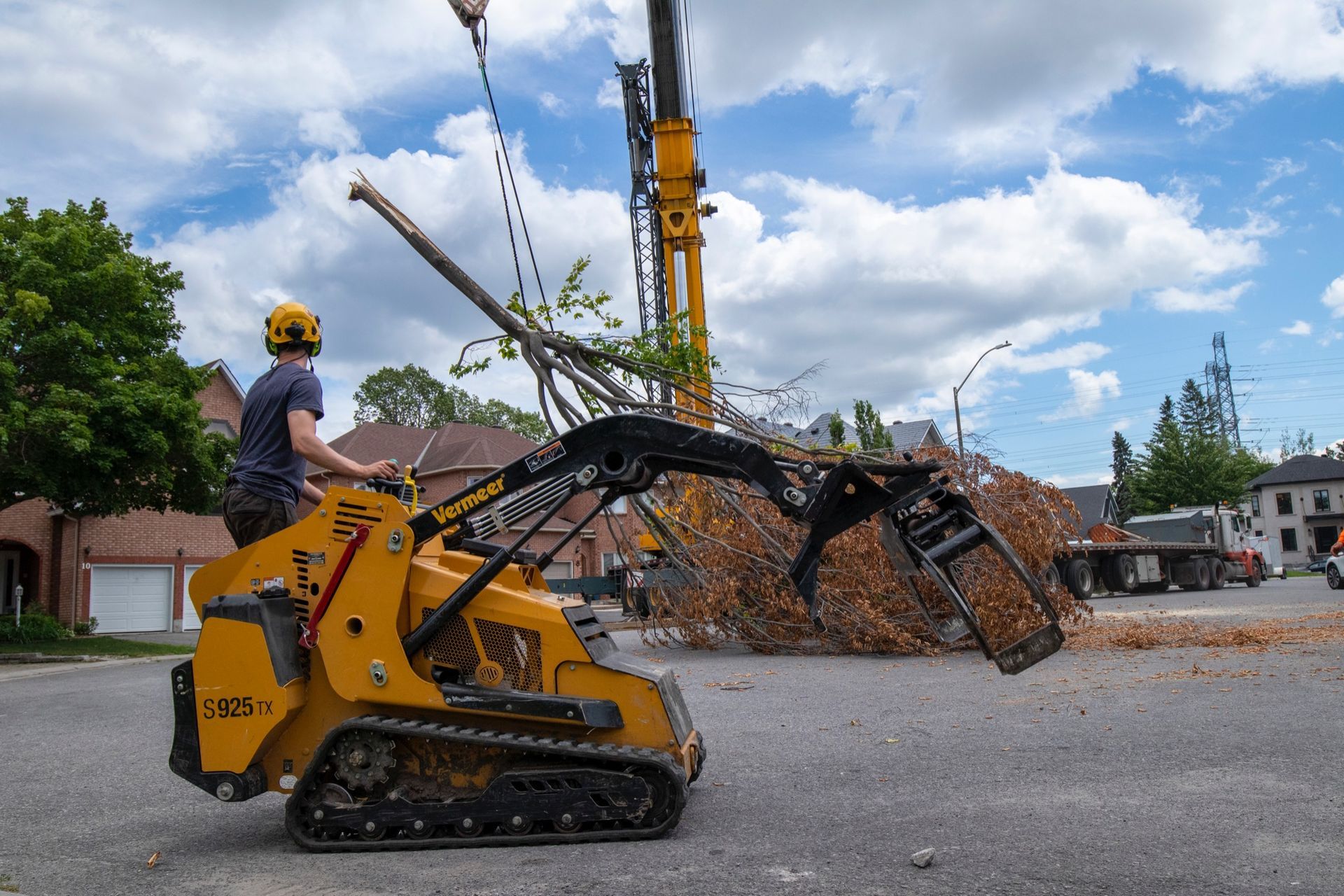 Man operating a yellow mini-excavator with tree branches in its grabber; outdoors on a street.