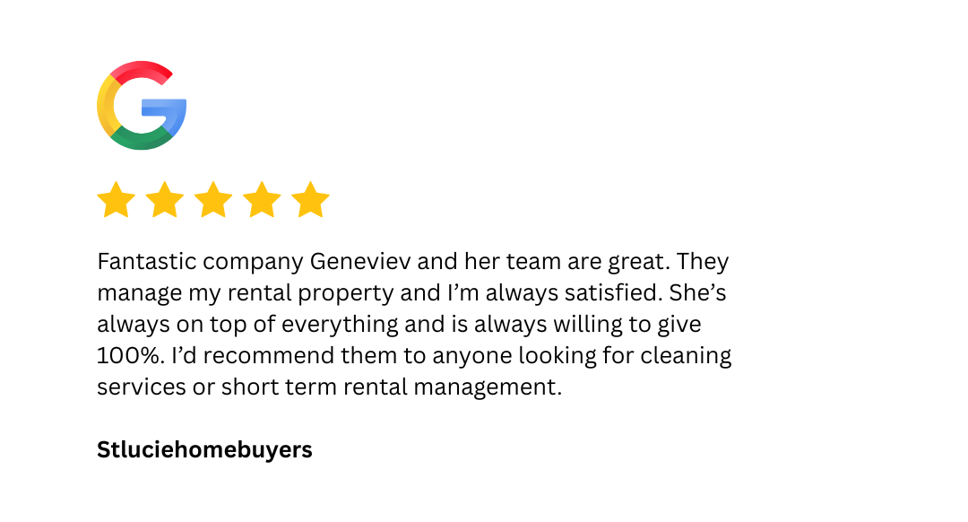 Google review with five stars praising Genevieve and her team for property management and cleaning services.