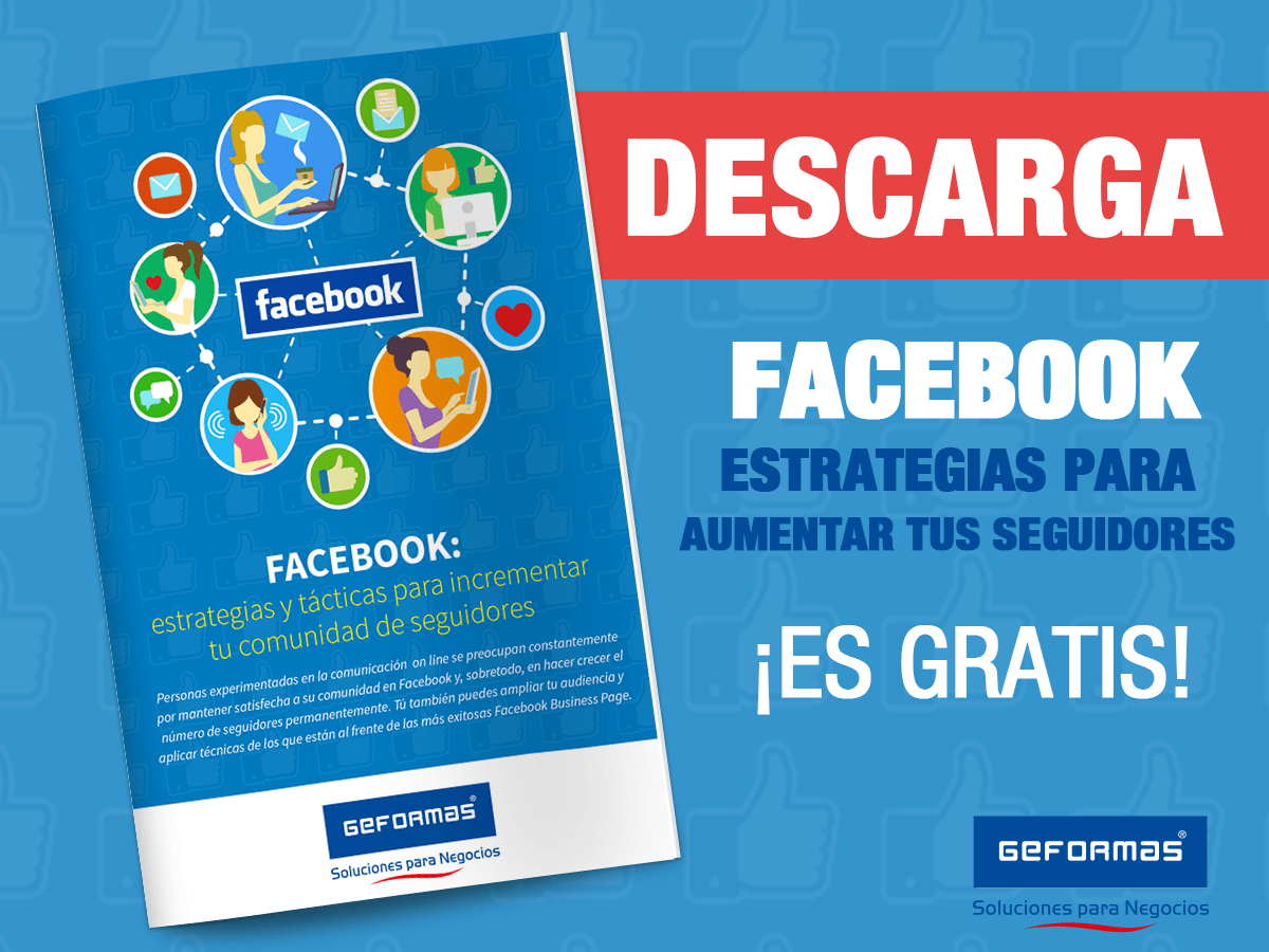 Un banner promocional para un libro electrónico gratuito sobre estrategias para aumentar los seguidores en Facebook, con ilustraciones gráficas.