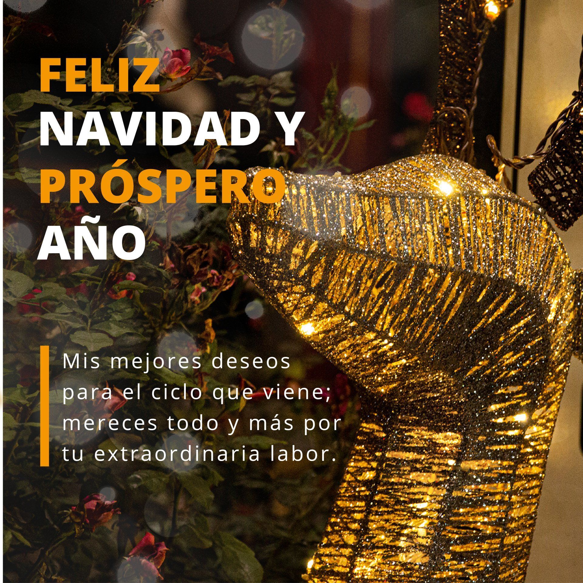 Tarjeta de felicitación navideña con decoración de estrella dorada, luces bokeh y texto en español deseando una feliz Navidad y un próspero Año Nuevo.