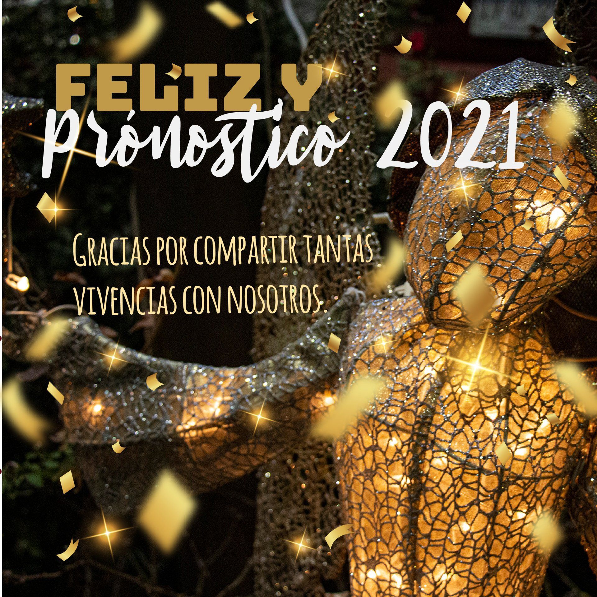 Decoración navideña dorada con confeti cayendo y un texto que desea un feliz y próspero 2021.