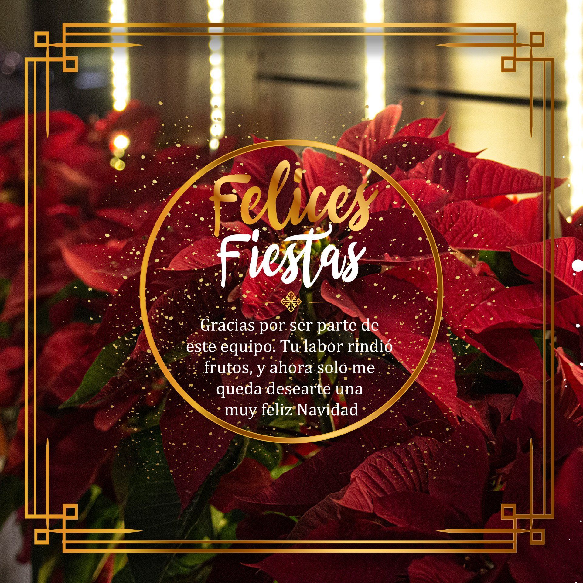 Una tarjeta de felicitación festiva con flores de pascua rojas, un marco dorado y un texto en español que desea felices fiestas.
