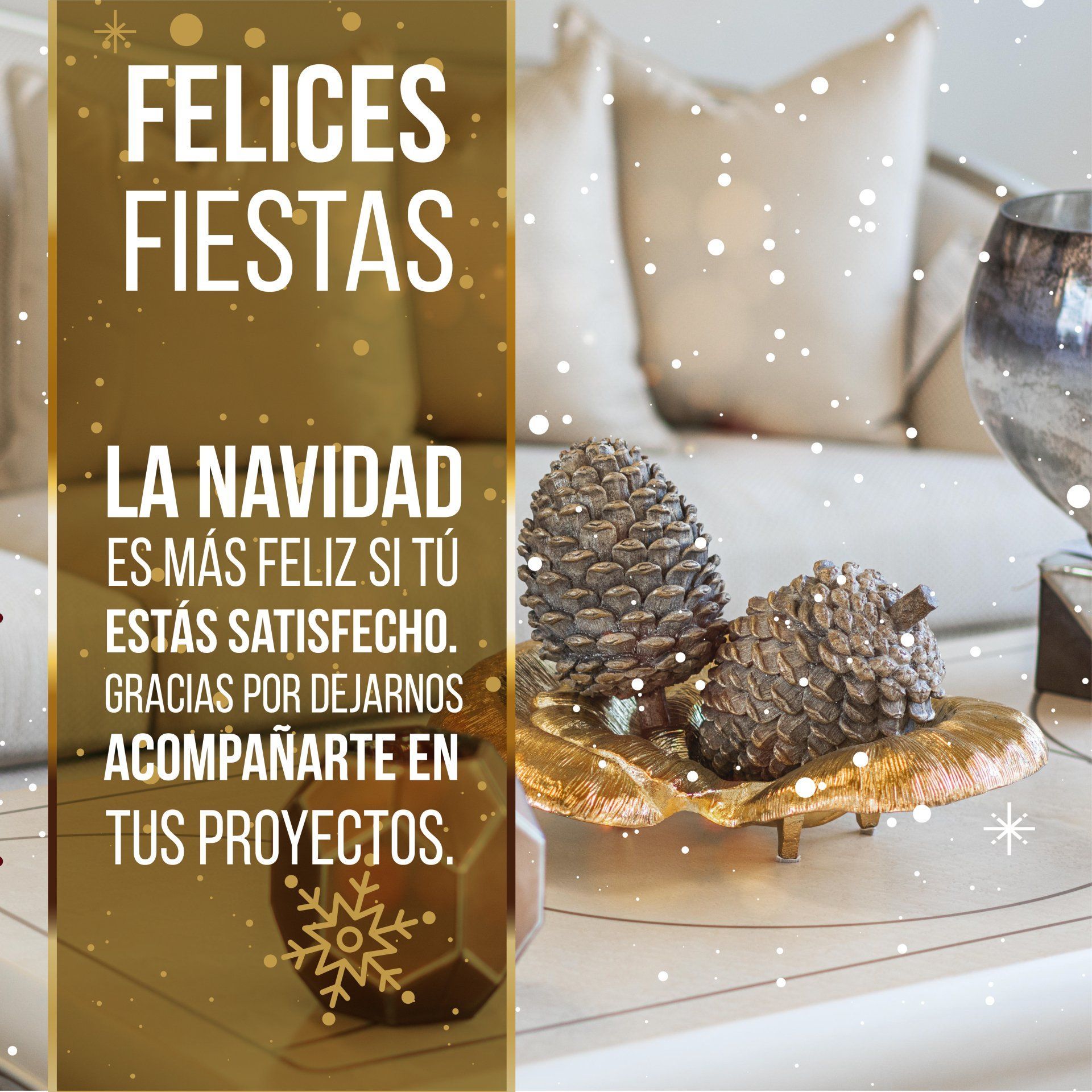 Una tarjeta navideña con texto sobre una escena de una sala de estar con piñas, agradeciendo a los clientes por sus proyectos durante la temporada.
