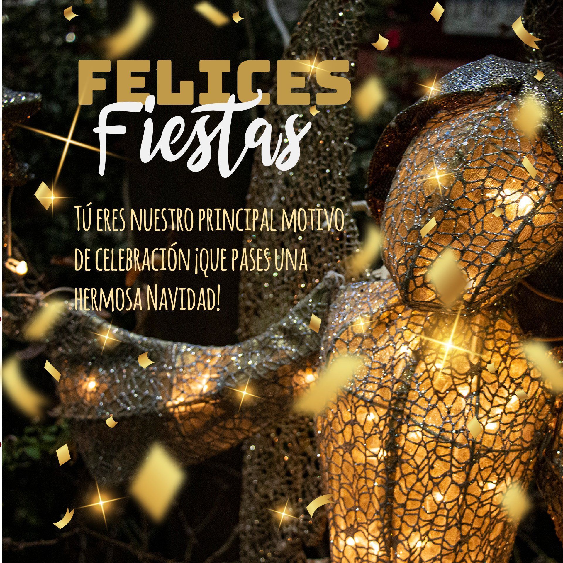 Un gráfico festivo con confeti dorado sobre un adorno de ángel brillante e iluminado y el texto 