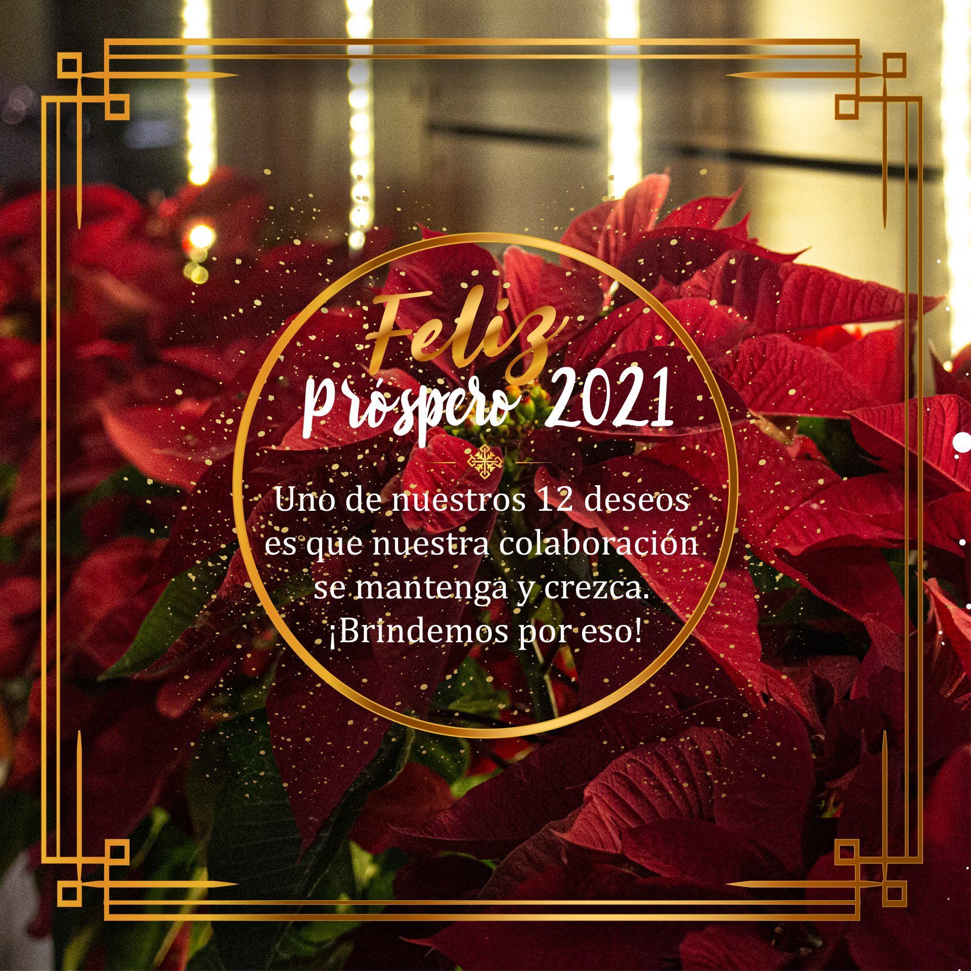 Un fondo de flor de Pascua roja con un marco dorado y un texto que desea un feliz y próspero 2021 y la continuidad de la colaboración.