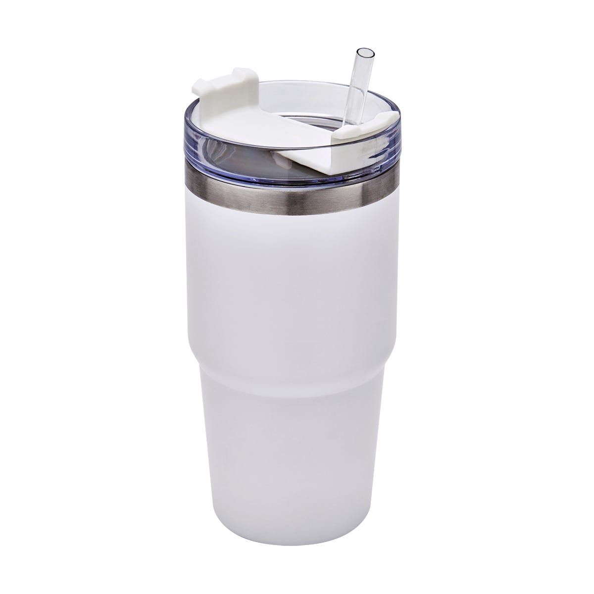 Vaso térmico blanco con pajita y tapa, en posición vertical.