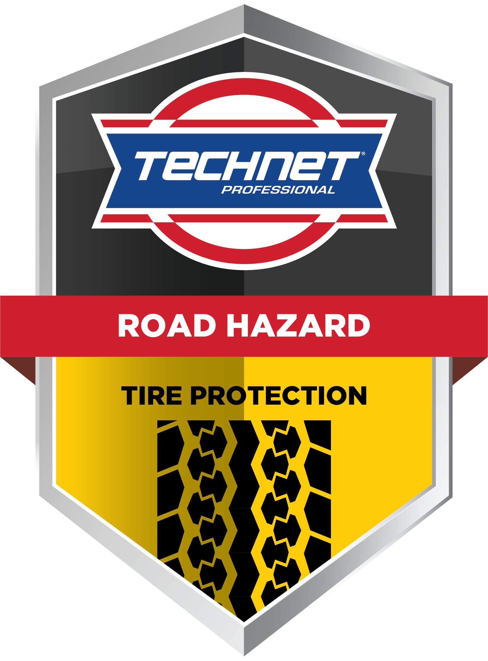 A shield with a tire on it that says road hazard tire protection.