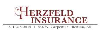 The logo for herzfeld insurance is red on a white background