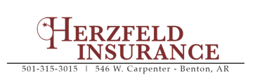 The logo for herzfeld insurance is red on a white background