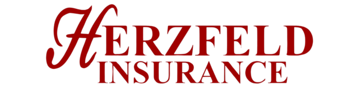 The logo for herzfeld insurance is red on a white background